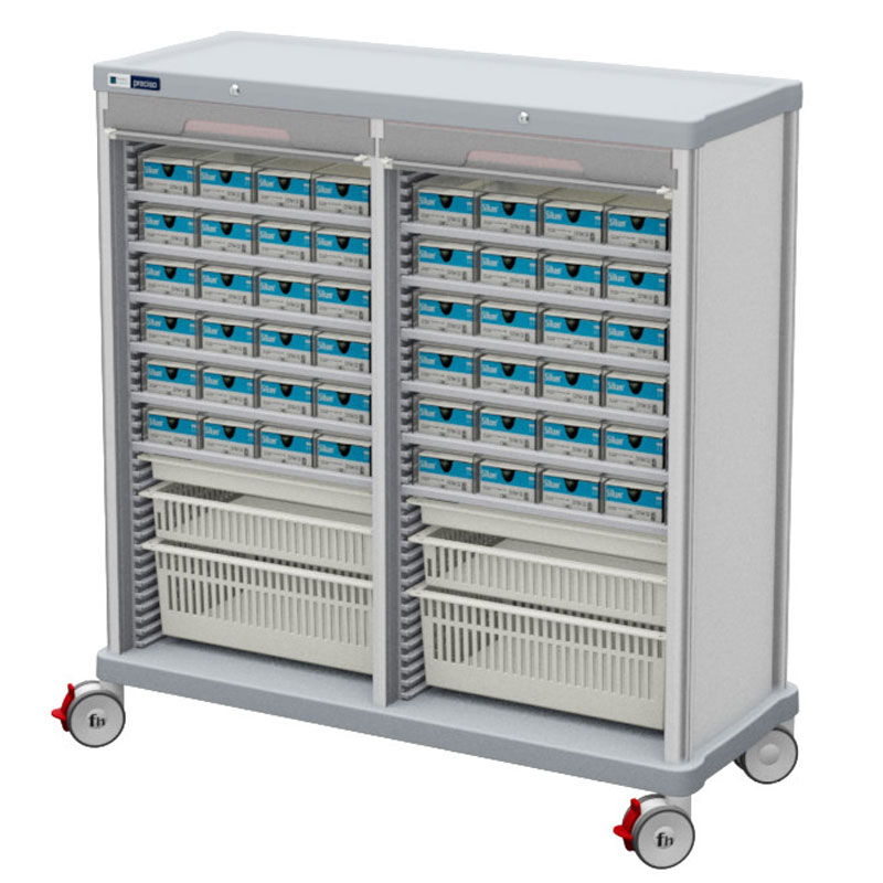 TRS logistics column with rolling shutters containing shelves for suture boxes and ISO baskets