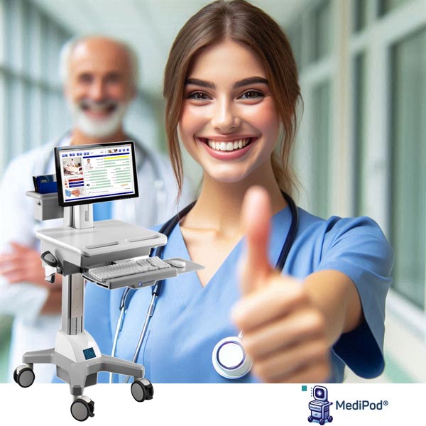 female caregiver giving thumbs-up and male caregiver in background, with computer workstation in foreground and MediPod logo